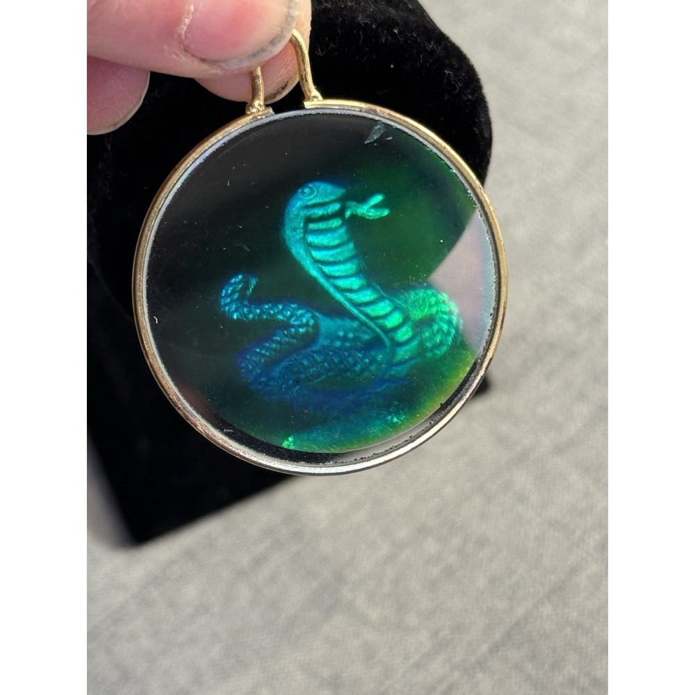 Vintage 80s 3D Glass Hologram Cobra Snake Pendant Gold Tone Round Medallion